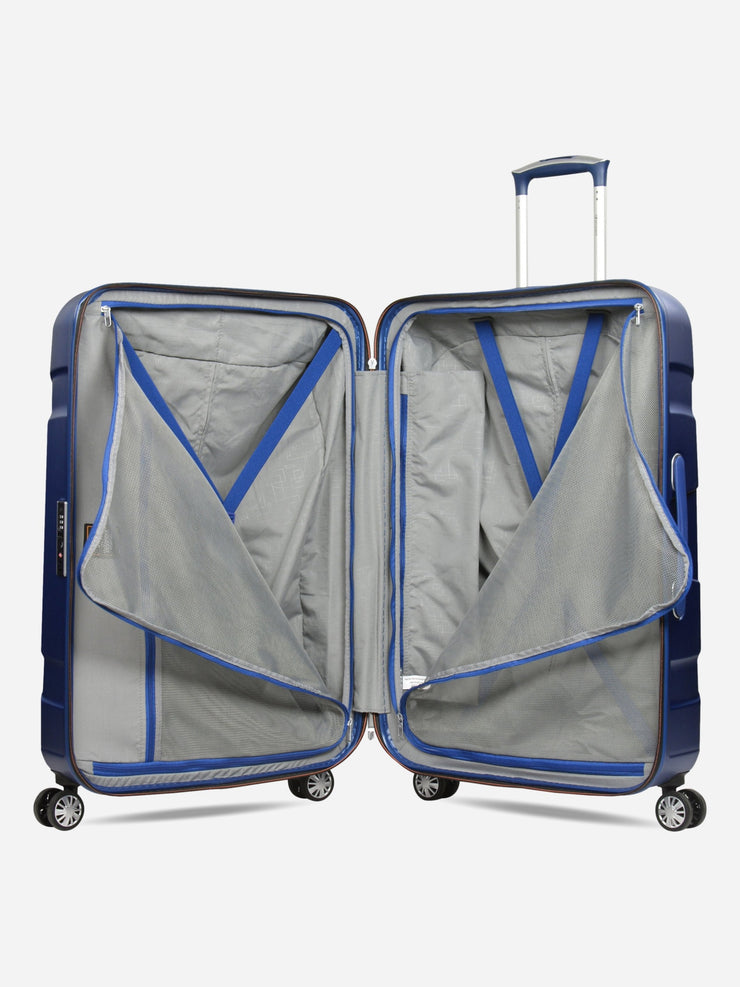 Eminent X-Tec Large Size Polycarbonate Suitcase Blue Interior Opened Dividers