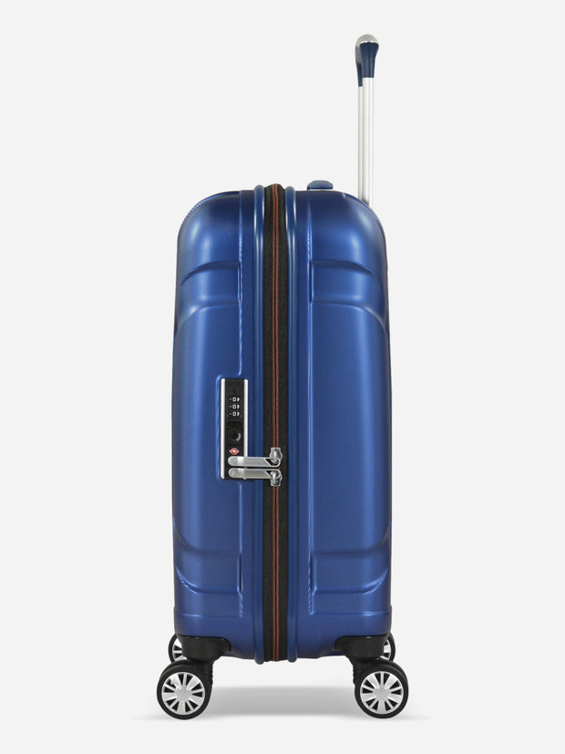 Eminent X-Tec Cabin Size Polycarbonate Suitcase Blue Side View with TSA Lock