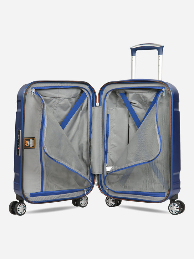 Eminent X-Tec Cabin Size Polycarbonate Suitcase Blue Interior opened dividers