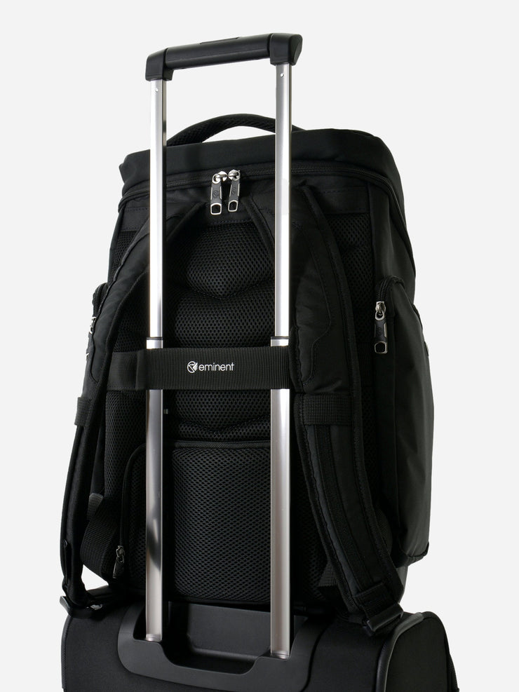Eminent Lift Laptop Backpack Black fixed on top of suitcase